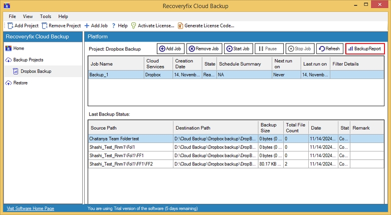 Backup report to check the summary and insights